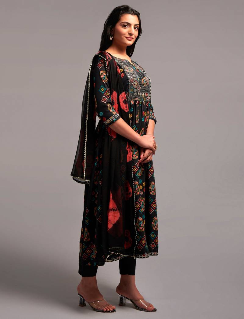 Black Printed Rayon Fabric Sequence Embroidered work Straight cut Kurta, Pant and Dupatta Set