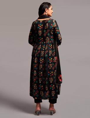 Black Printed Rayon Fabric Sequence Embroidered work Straight cut Kurta, Pant and Dupatta Set 3