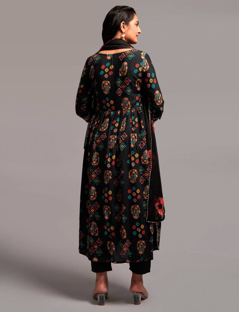 Black Printed Rayon Fabric Sequence Embroidered work Straight cut Kurta, Pant and Dupatta Set