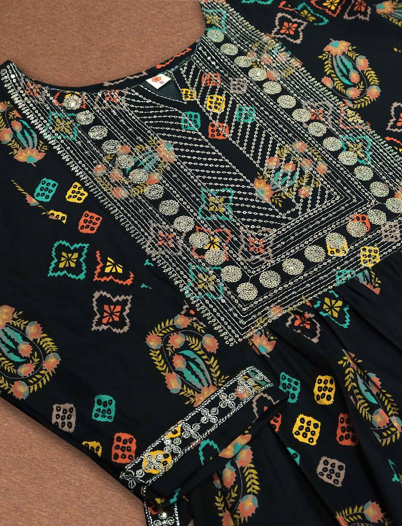 Black Printed Rayon Fabric Sequence Embroidered work Straight cut Kurta, Pant and Dupatta Set