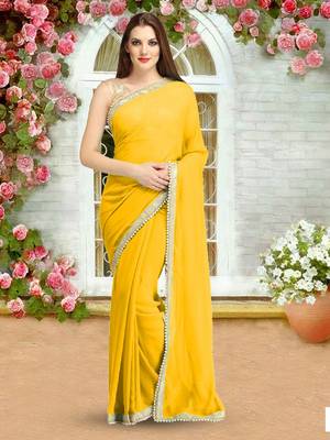 Yellow plain chiffon saree with blouse 1