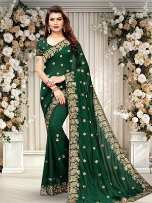 Dark Green Vichitra Silk Embriodered Saree With Blouse Piece. 1