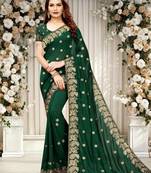 Dark Green Vichitra Silk Embriodered Saree With Blouse Piece.