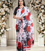 White Printed Georgette Saree With Blouse
