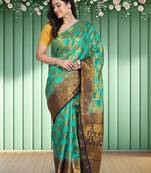 Green Printed Banarasi Silk Saree With Blouse