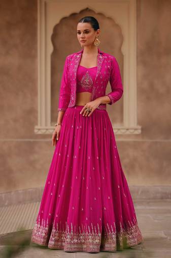 Pink Embroidered Chiffon Silk Circular Lehenga With Blouse. (Size Upto 42) Up To 42" Size