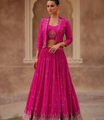 Pink Embroidered Chiffon Silk Circular Lehenga With Blouse. (Size Upto 42) Up To 42" Size