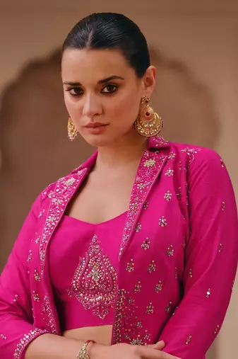 Pink Embroidered Chiffon Silk Circular Lehenga With Blouse. (Size Upto 42) Up To 42" Size