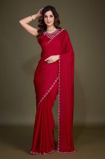 Red Satin Georgette Saree with Siroski Work & Blouse 
