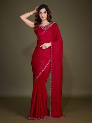 Red Satin Georgette Saree with swarovski Work & Blouse  1