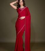 Red Satin Georgette Saree with swarovski Work & Blouse 
