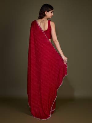 Red Satin Georgette Saree with swarovski Work & Blouse  2