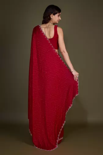 Trendmalls Red Satin Georgette Saree with swarovski Work & Blouse 