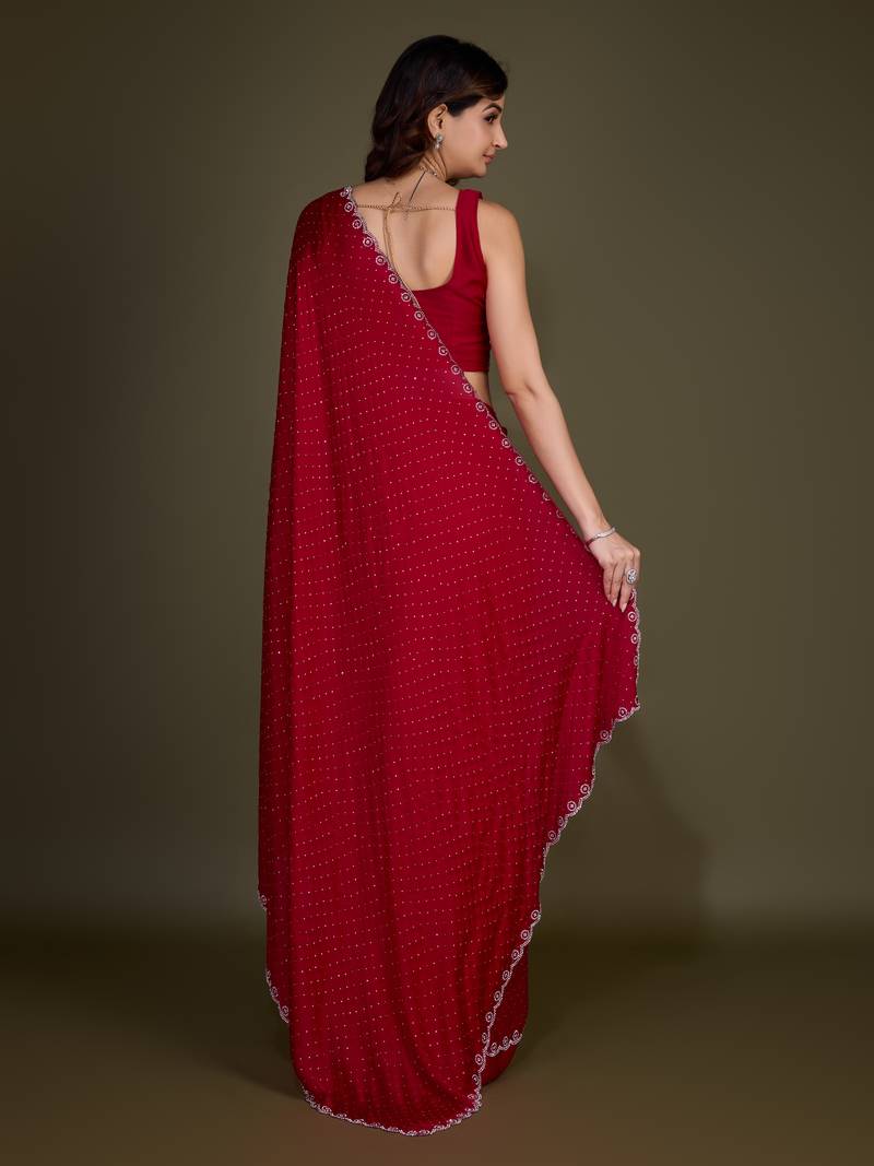 Red Satin Georgette Saree with swarovski Work & Blouse 