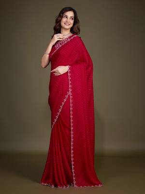 Red Satin Georgette Saree with swarovski Work & Blouse  3