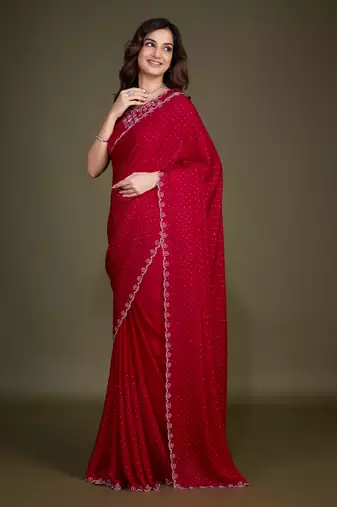 Trendmalls Red Satin Georgette Saree with swarovski Work & Blouse 