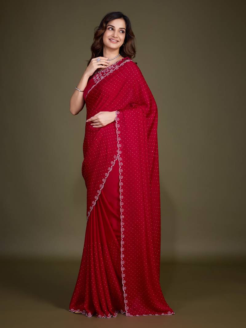Red Satin Georgette Saree with swarovski Work & Blouse 