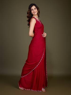 Red Satin Georgette Saree with swarovski Work & Blouse  4