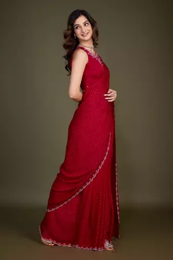 Trendmalls Red Satin Georgette Saree with swarovski Work & Blouse 