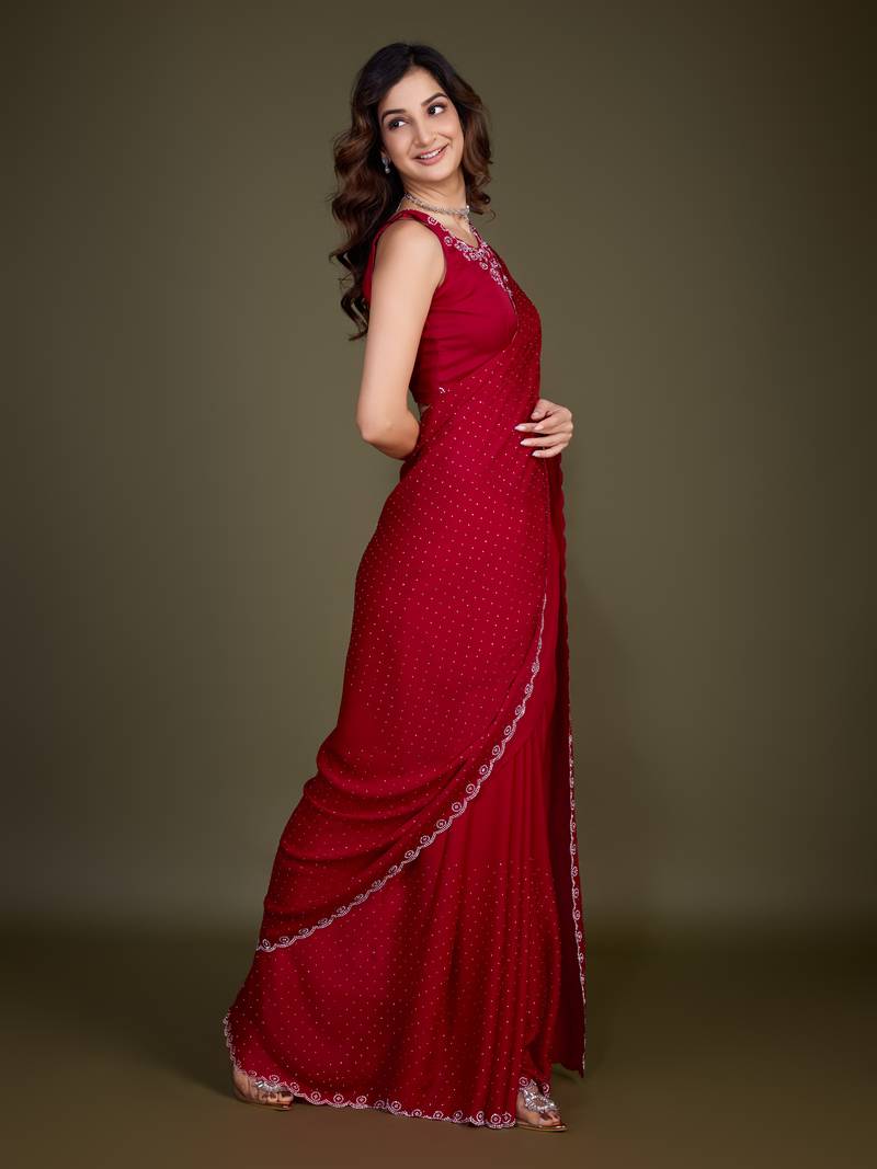 Red Satin Georgette Saree with swarovski Work & Blouse 