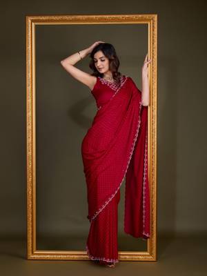 Red Satin Georgette Saree with swarovski Work & Blouse  5