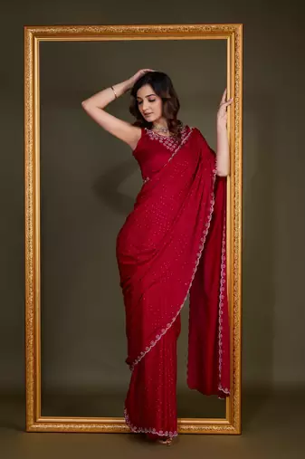 Trendmalls Red Satin Georgette Saree with swarovski Work & Blouse 