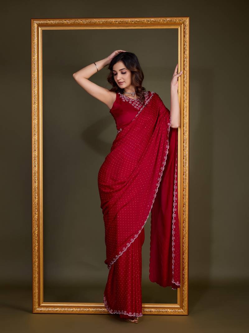 Red Satin Georgette Saree with swarovski Work & Blouse 