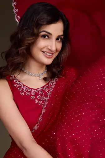 Trendmalls Red Satin Georgette Saree with swarovski Work & Blouse 
