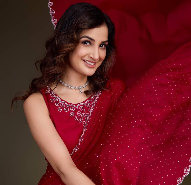 Red Satin Georgette Saree with swarovski Work & Blouse 