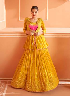 Mustard Embroidered Georgette Circular Lehenga With Blouse Up To 42" Size 1