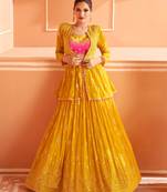 Mustard Embroidered Georgette Circular Lehenga With Blouse Up To 42" Size