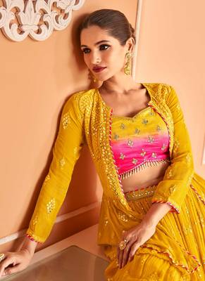 Mustard Embroidered Georgette Circular Lehenga With Blouse Up To 42" Size 2