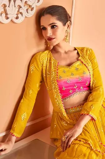 Mustard Embroidered Georgette Circular Lehenga With Blouse Up To 42" Size