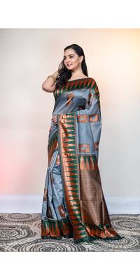 Grey kanchipuram pattu silk blend saree with contasting temple border 1