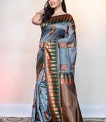 Grey kanchipuram pattu silk saree with contasting temple border