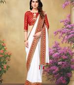 White Vichitra Silk Blend Saree With Fancy Lace And Jacquard Blouse Piece.