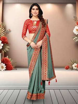 Pista Green Vichitra Silk Blend Saree With Blouse Piece With Jacquard Blouse Piece. 1