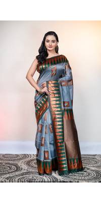 Grey kanchipuram pattu silk blend saree with contasting temple border 2