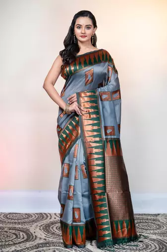 Grey kanchipuram pattu silk blend saree with contasting temple border