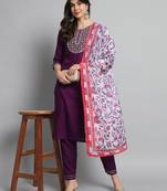  Wine Rayon Slub Fabric Embroidered Work Straight Kurta, Pant and Dupatta Set