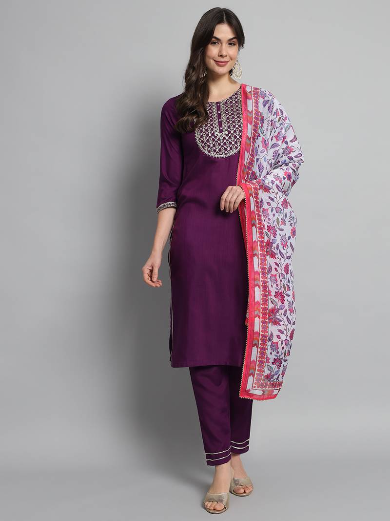  Wine Rayon Slub Fabric Embroidered Work Straight Kurta, Pant and Dupatta Set
