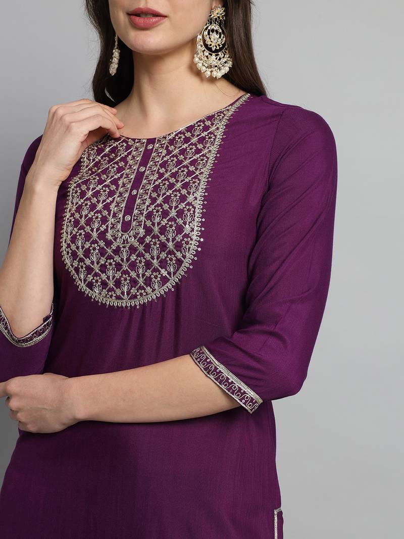  Wine Rayon Slub Fabric Embroidered Work Straight Kurta, Pant and Dupatta Set