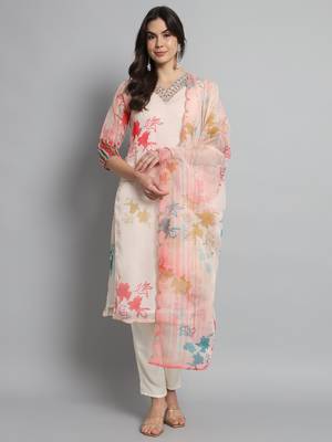 Cream Organza with Cotton lining Floral Digital Printed Fabric Work Straight Kurta, Pant and Dupatta Set 1