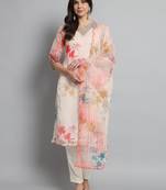 Cream Organza with Cotton lining Floral Digital Printed Fabric Work Straight Kurta, Pant and Dupatta Set