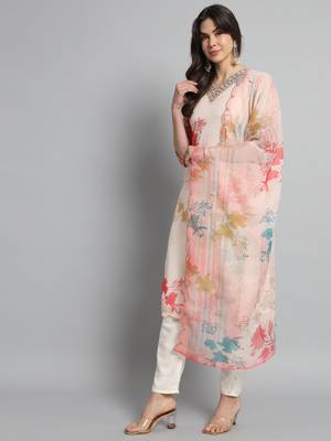 Cream Organza with Cotton lining Floral Digital Printed Fabric Work Straight Kurta, Pant and Dupatta Set 2