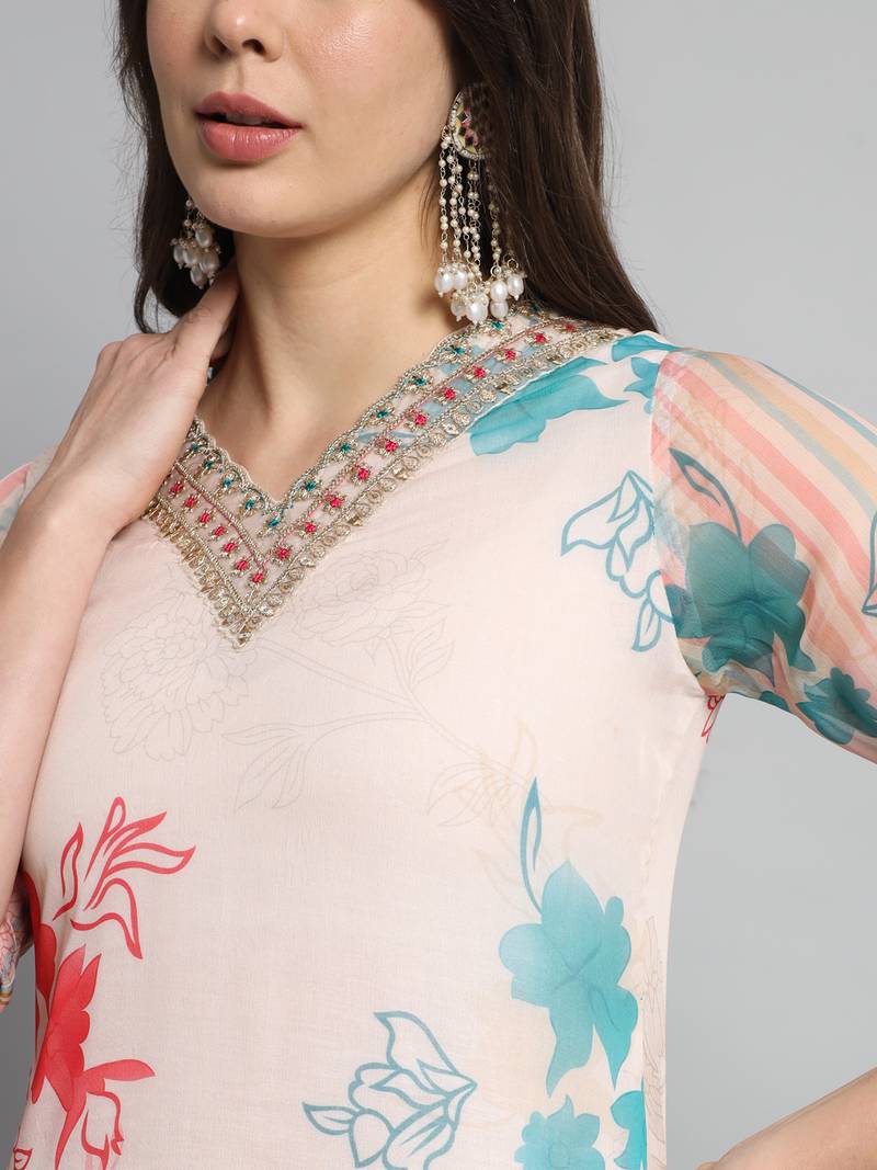 Cream Organza with Cotton lining Floral Digital Printed Fabric Work Straight Kurta, Pant and Dupatta Set