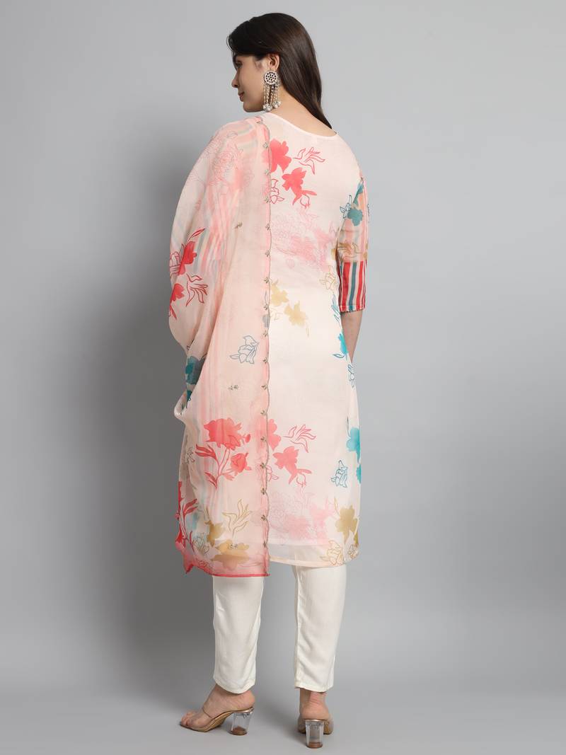 Cream Organza with Cotton lining Floral Digital Printed Fabric Work Straight Kurta, Pant and Dupatta Set