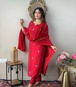Gajari Red Embroidered Chanderi Fabric Straight Kurta, Pant and Dupatta Set