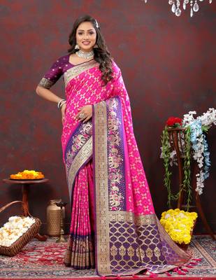Pink & Purple Soft Patola Silk Blend Meenakri Weawing Motifs And Rich Zari Weawing Saree With Blouse For Women 1