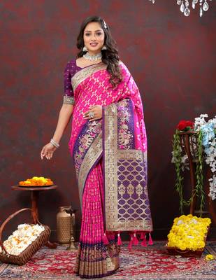 Pink & Purple Soft Patola Silk Blend Meenakri Weawing Motifs And Rich Zari Weawing Saree With Blouse For Women 2